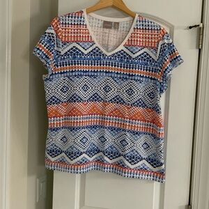 Chico's Blue and Orange Geometric Short Sleeve Top